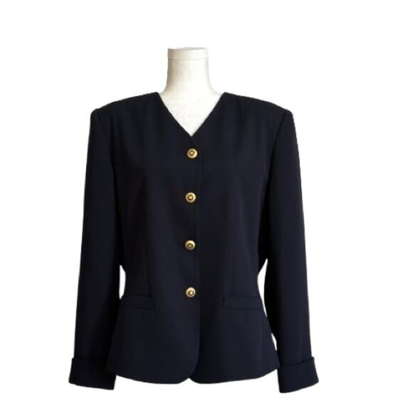 Le Suit Blazer Navy Blue Gold Buttons Cuffed Sleeve Career Jacket Size 12 - Picture 1 of 12